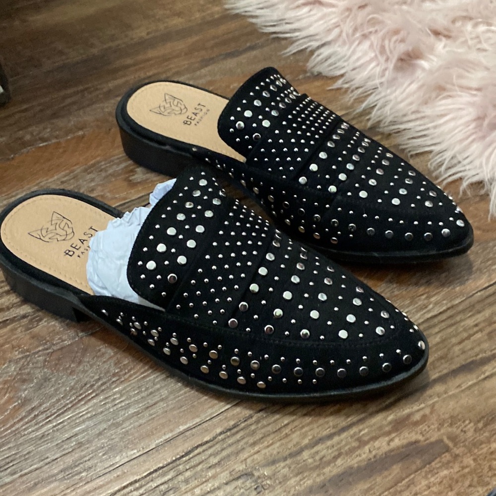 BEAST FASHION Black Studded Slip-On Mules